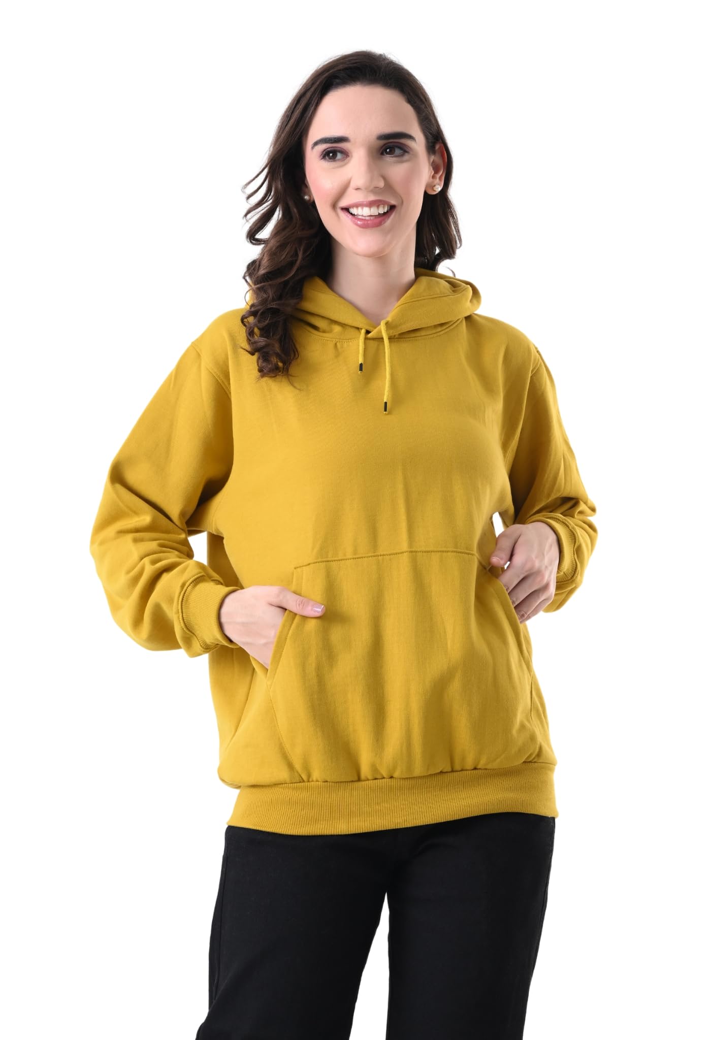 Women's Fleece Hoodie Sweatshirt with Kangaroo Pocket, Adjustable Drawstring Hood, Full Sleeve Winter Hooded Sweatshirt, Warm Casual Pullover Hoodie for Women Yellow-image-48
