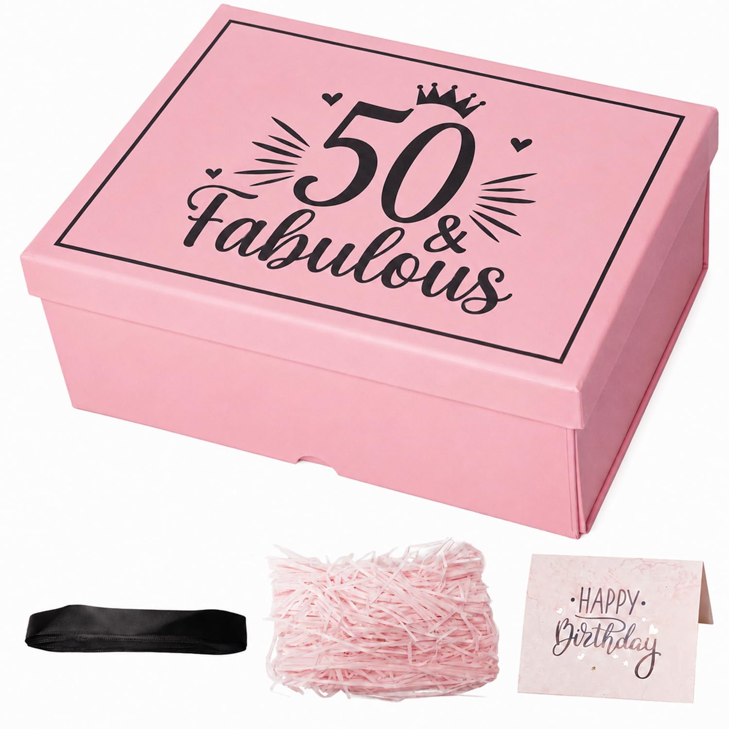 Large Pink Gift Box with Magnetic Lid for Women 50th Birthday, Includes Card, Ribbon, and Filler (Pink 50th)