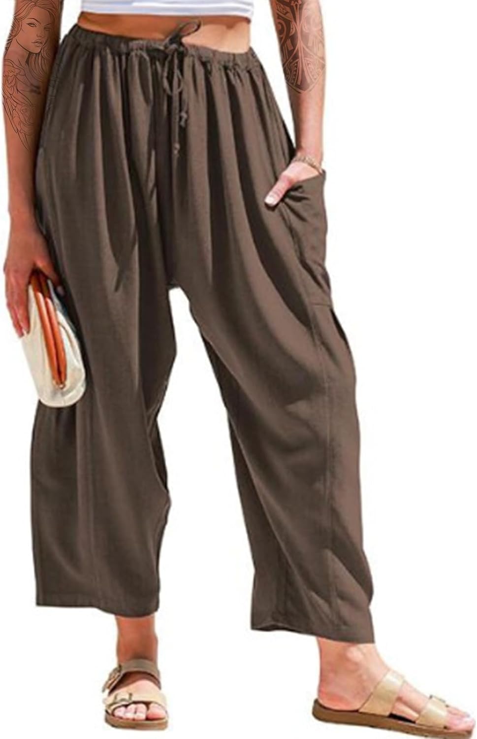domirica Linen Pants Women Petite Plain Plus Size Summer Beach Spring Fitted Cargo Pocket Ankle Length Lounge Pant