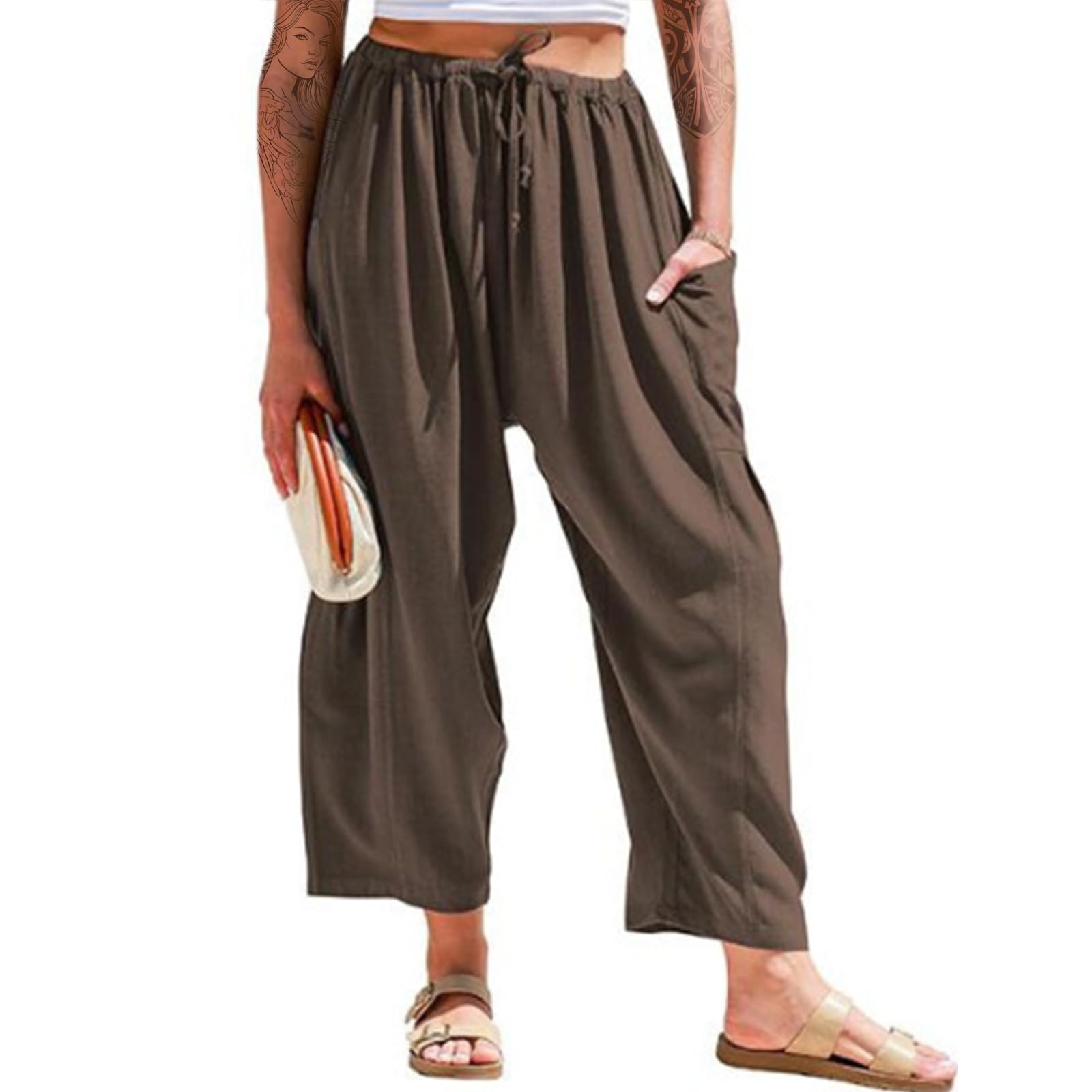 Linen Pants Women Petite Plain Plus Size Summer Beach Spring Fitted Cargo Pocket Ankle Length Lounge Pant