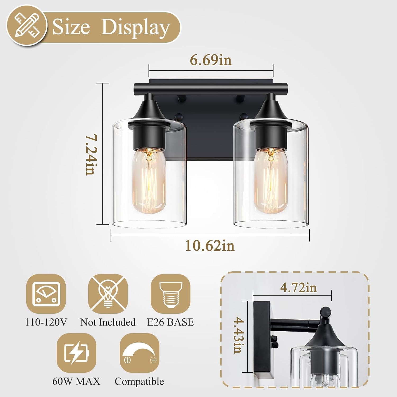 Vanity Lighting Fixtures,2-Light Bathroom Lights Over Mirror,Modern Sconces Wall Lighting with Clear Glass Shade,Light Fixture for Bathroom Bedroom Living Room Vanity Table Hallway