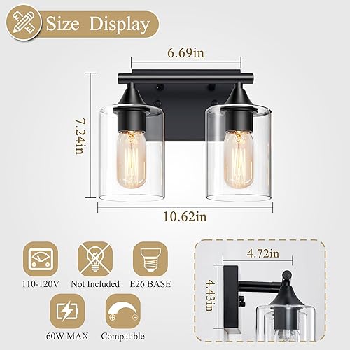 Miniatura 4 de Accesorios de iluminación de tocador, luces de baño de 2 luces sobre espejo, apliques modernos con pantalla de vidrio transparente, lámpara para