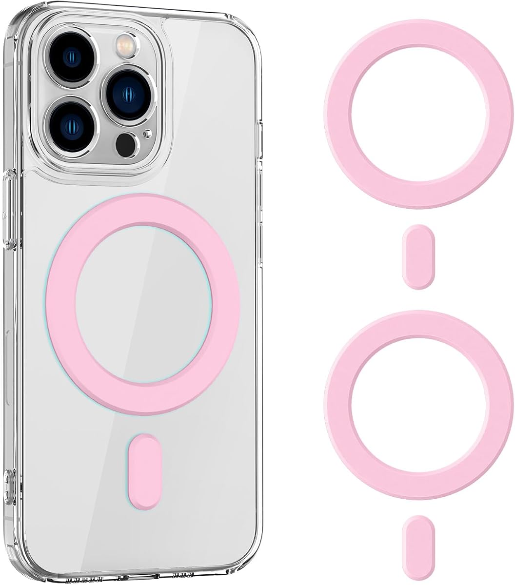 Anillo adhesivo magnético OUTXE compatible con Magsafe | Paquete de 2 adaptadores magnéticos universales para iPhone 16/15/14/13/12 Mini Plus Pro Max, Android Galaxy/Pixel y funda para teléfono móvil rosa