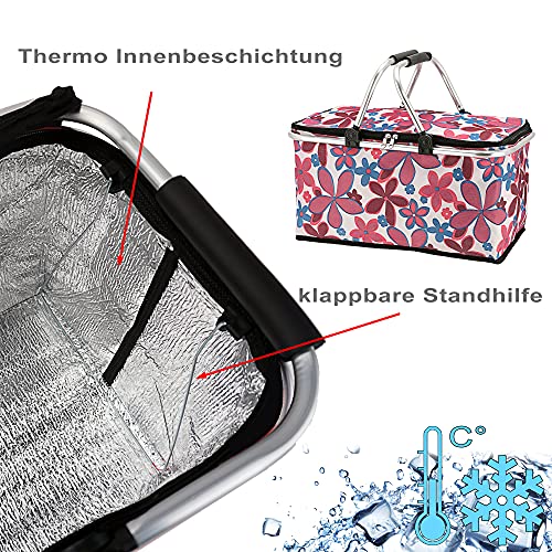 Boodschappenmand, opvouwbaar, met thermische functie, 30 liter, koeltas, thermomand, picknickmand, isoleertas (bloem roze met thermische functie) - Image 5
