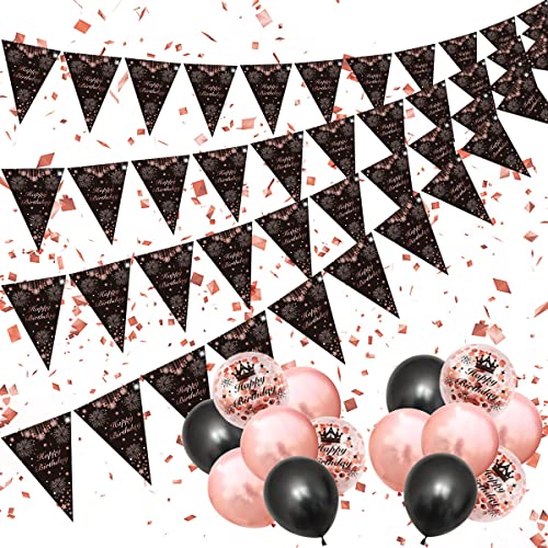 Decoration Anniversaire Or Rose Noir, DJLLA Happy Birthday Guirlandes de Fanions Banderole Triangle Drapeaux Decoration Ballons pour Fille Femme 16 18 20 21 30 40 50 60 70 80 ans Réutilisable Cover