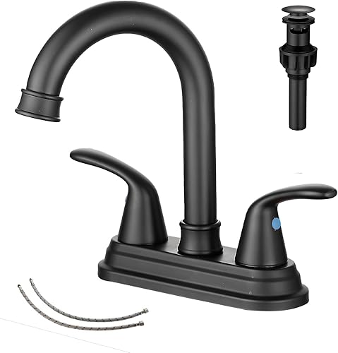 GGStudy - Grifo de baño negro mate con 2 asas de 4 pulgadas, juego central negro para autocaravana, con montaje de drenaje y manguera de suministro,