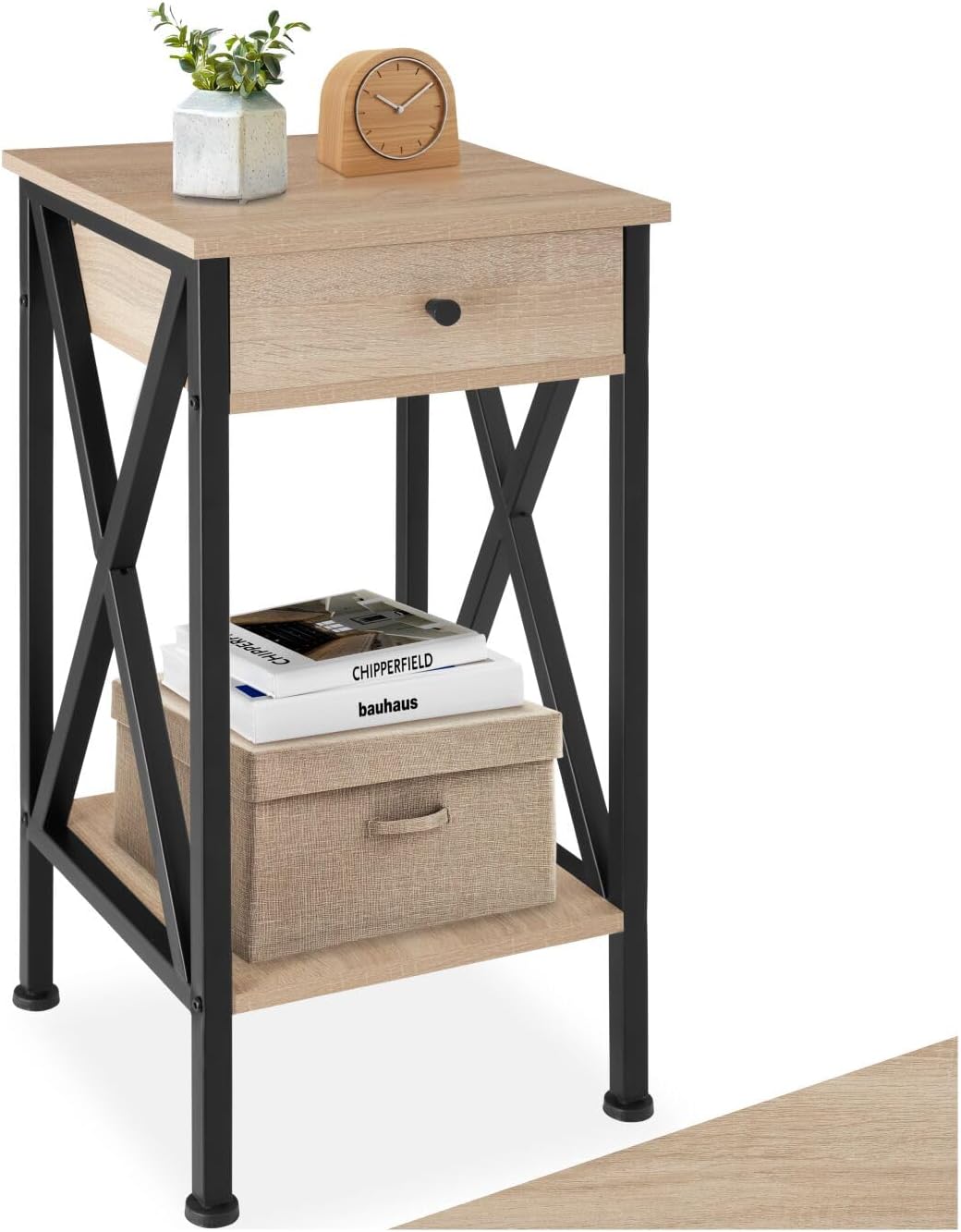 tectake® Comodino Camera da letto 35x35x70,5 cm, 2 Ripiani, 1 Cassetto, Tavolino da Salotto, Mobile Ingresso, Soggiorno, Arredamento Casa e Ufficio, Stile Industriale - Legno Chiaro