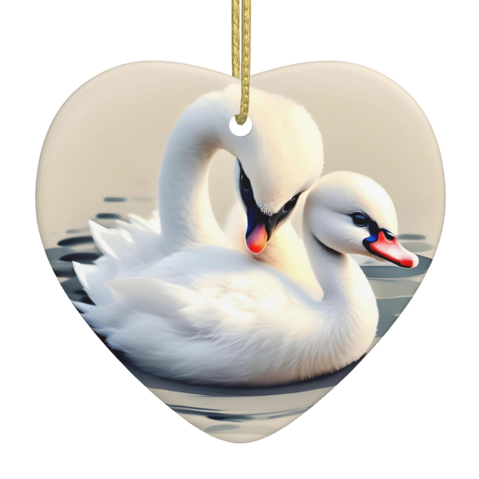 Cute Little swan Ceramic Christmas Heart Pendant with Silk Thread, Christmas Tree Home Decoration