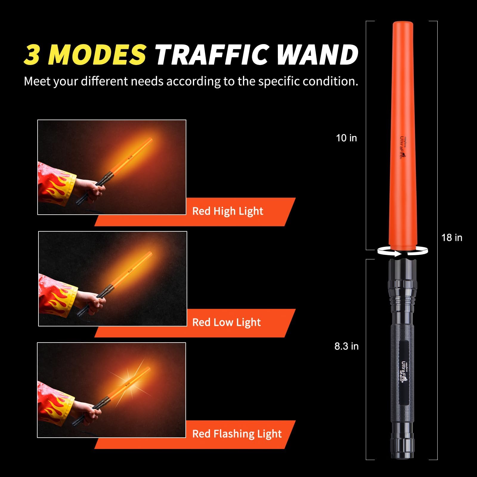 ULTRAFIRE - Linterna LED de 18 pulgadas con cargador, linterna de seguridad de 1000 lúmenes de alto nivel con modo estroboscópico, acabado naranja, luz de flash de señal para comando camping al aire