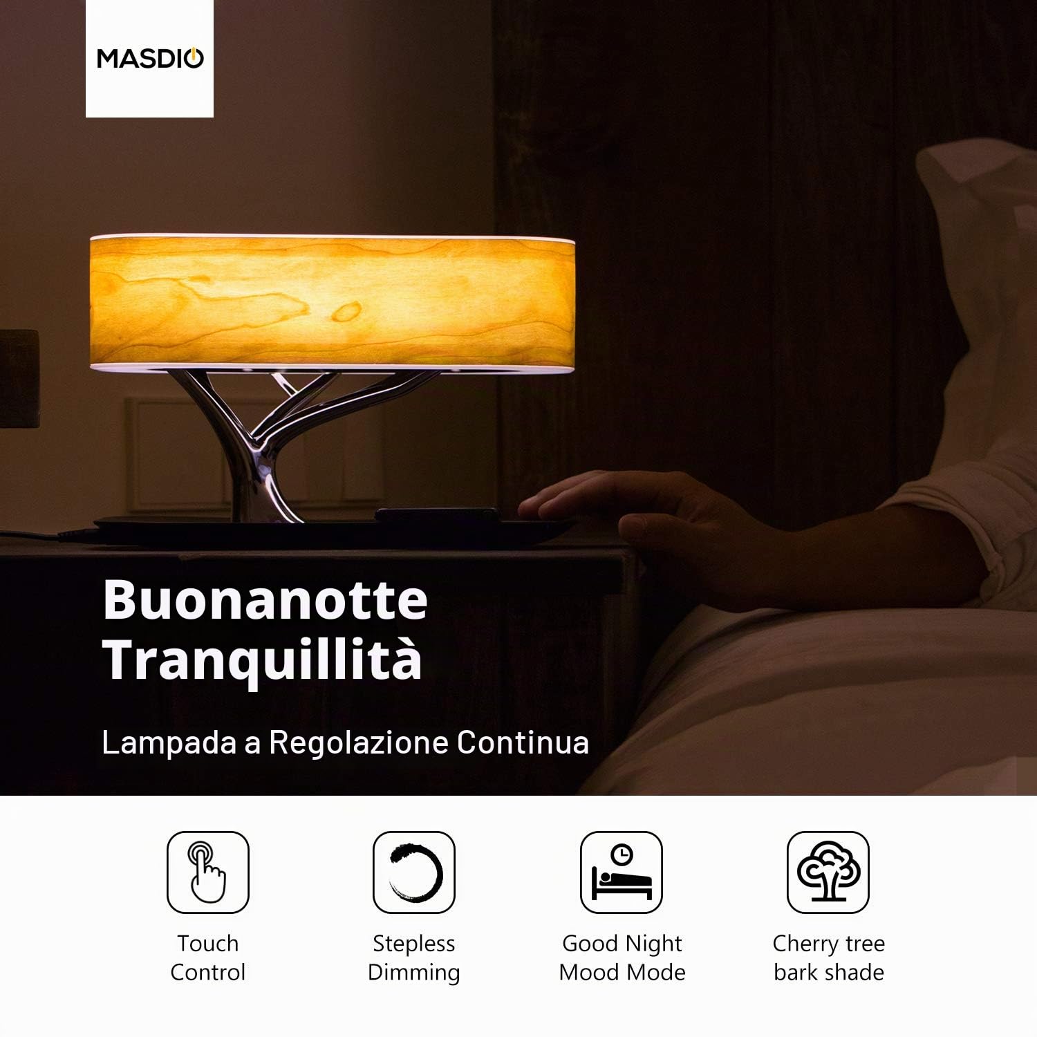 Masdio Lampada da Notte con Altoparlante Bluetooth e Caricatore Senza Fili, Modalità da Sonno a Regolazione Continua