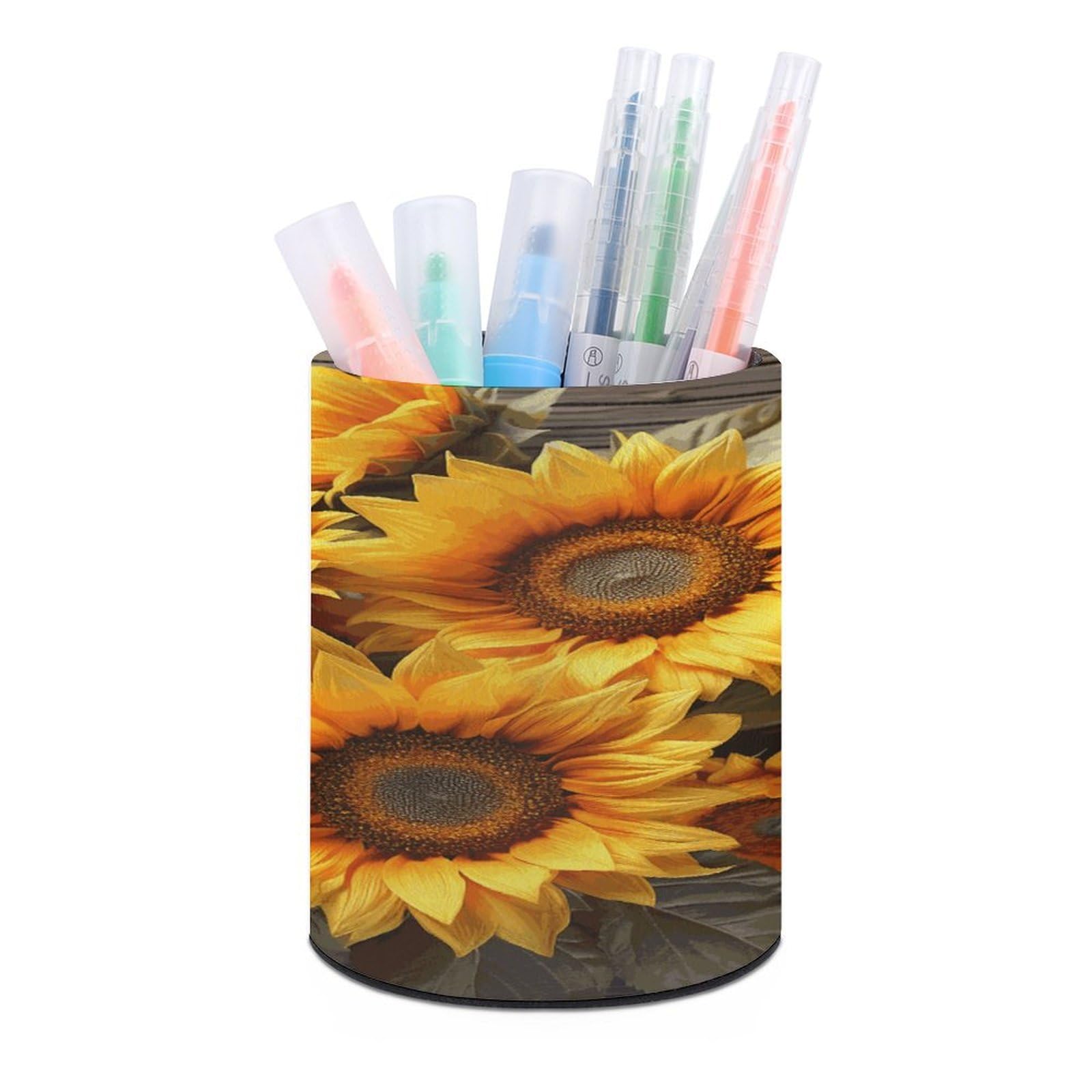 LDGSUPH Plants Theme Sunflower Round Pen Holder Leather Pen Cup Pencil Cup Pen Organizer Pencil Holder for Desk Organizer Pencil Organizers Makeup Brush Holders for Home Office Gift