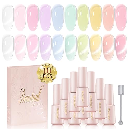 Beautpal Juego de Esmaltes de Uñas de Gel Gelatinoso Magnético 10 Piezas Colores Pastel Semitransparentes Incluyendo Esmalte de Gel Ojo de Gato