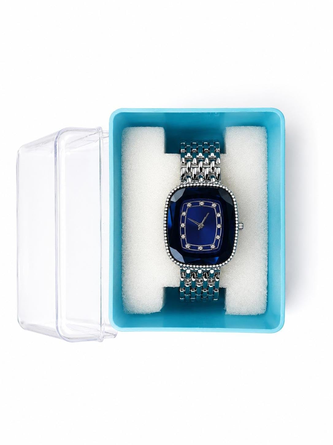 Luxury Quartz Watch for Women | Royal Blue Faceted Dial Analog Timepiece with Silver Stainless Steel Chain Strap | Elegant Crystal Studded Ladies Wristwear (Silver & Blue)-image-8