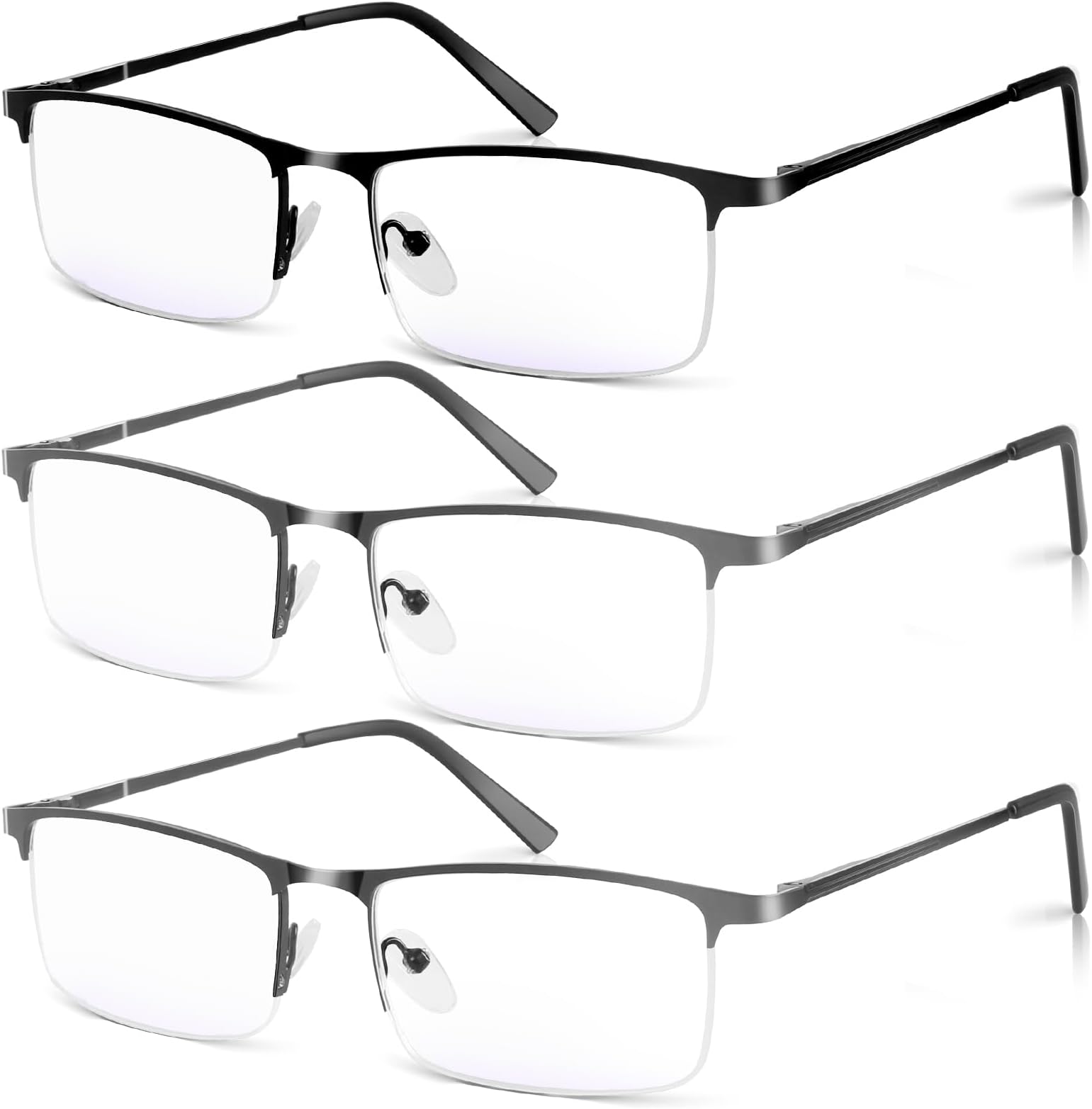 3 Pack Blue Light Blocking Reading Glasses for Men, Stylish Half Frame Metal Computer Readers, Lightweight Spring Hinge Eyeglasses Anti Eyestrain/Glare/UV (2PCS Gray+1PCS Black,+1.75)