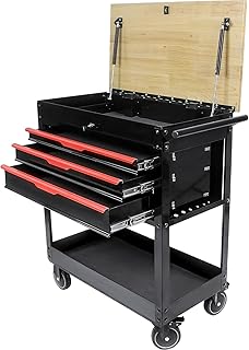 3-Drawer Rolling Tool Chest Cabinet, 38-Inch Tool Box with Wheels and Wooden Top, Service Cart, Tool Box Organizers and Storage, Caja de Herramientas (3 DRAWERS- BLACK AND RED)