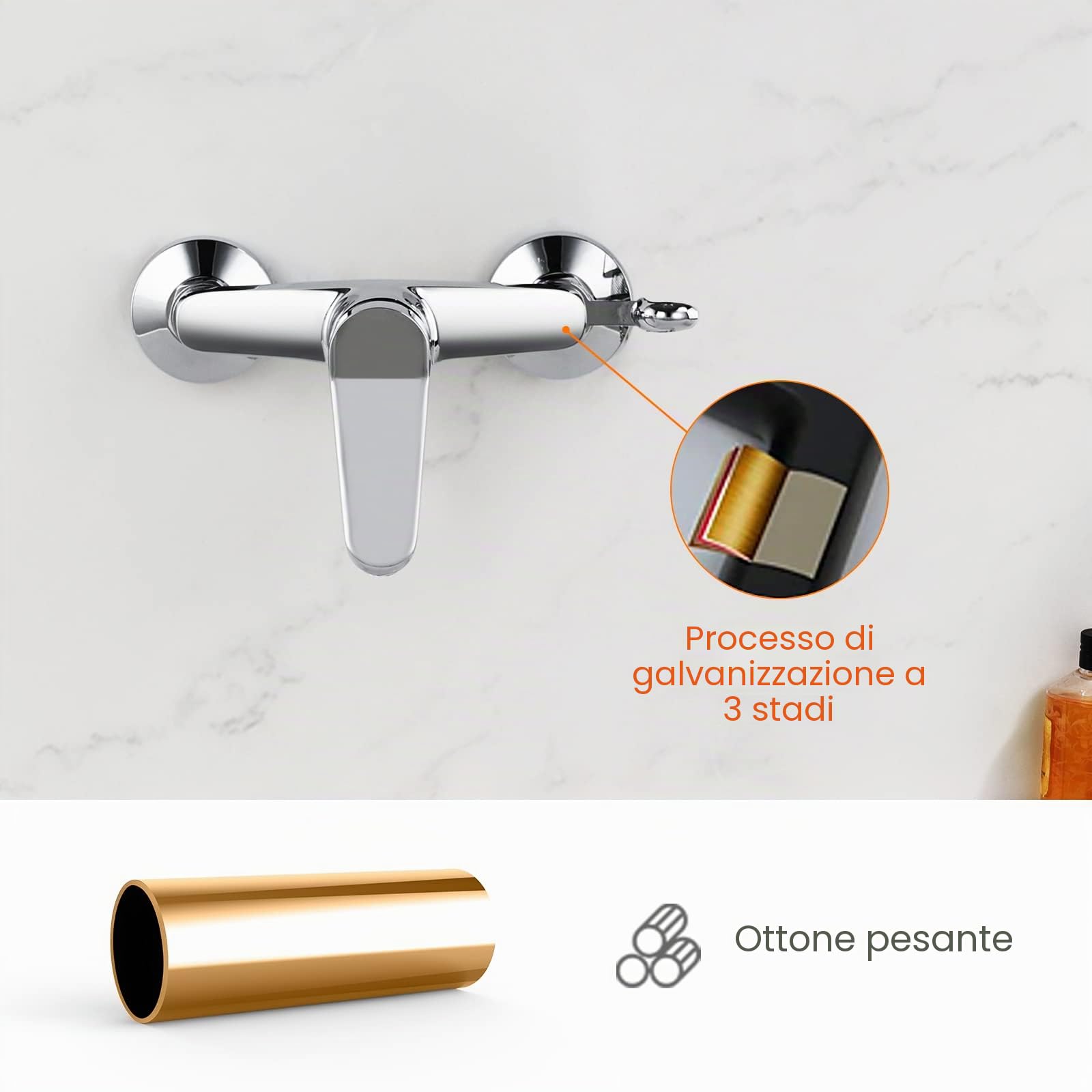 Ibergrif Miscelatore Doccia Monocomando in Ottone Cromo Lucido, Cartuccia Ceramica, Facile Installazione, Anti-Perdita, Miscelatore per Bagno e Vasca, Acqua Calda e Fredda, M12059-1