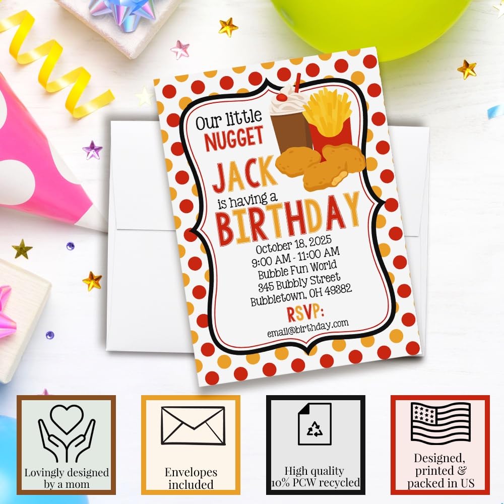 Custom Birthday Invitations Our Little Nugget Birthday Invites for Kids Pack of 30 5x7 Custom Chicken Nugget Themed Invitation Cards With Thirty Envelopes - Unique Chicken Nuggies Party Invites