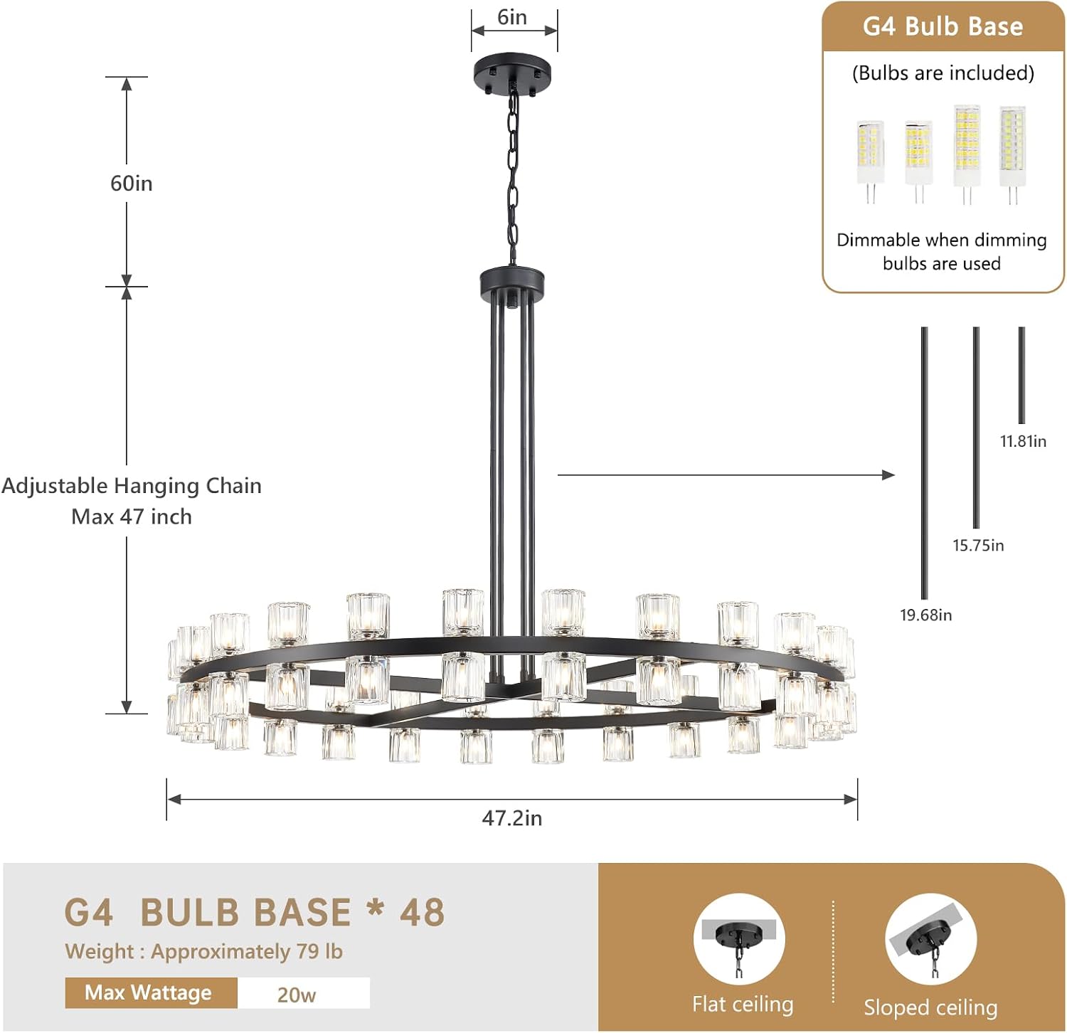 Modern Black Round Crystal Chandelier, D47.2 Wagon Wheel Chandelier for Dining Room Over Table, K9 Crystal Chandeliers Pendant Light Fixture for Kitchen Island, Entryway, Living Room, Foyer