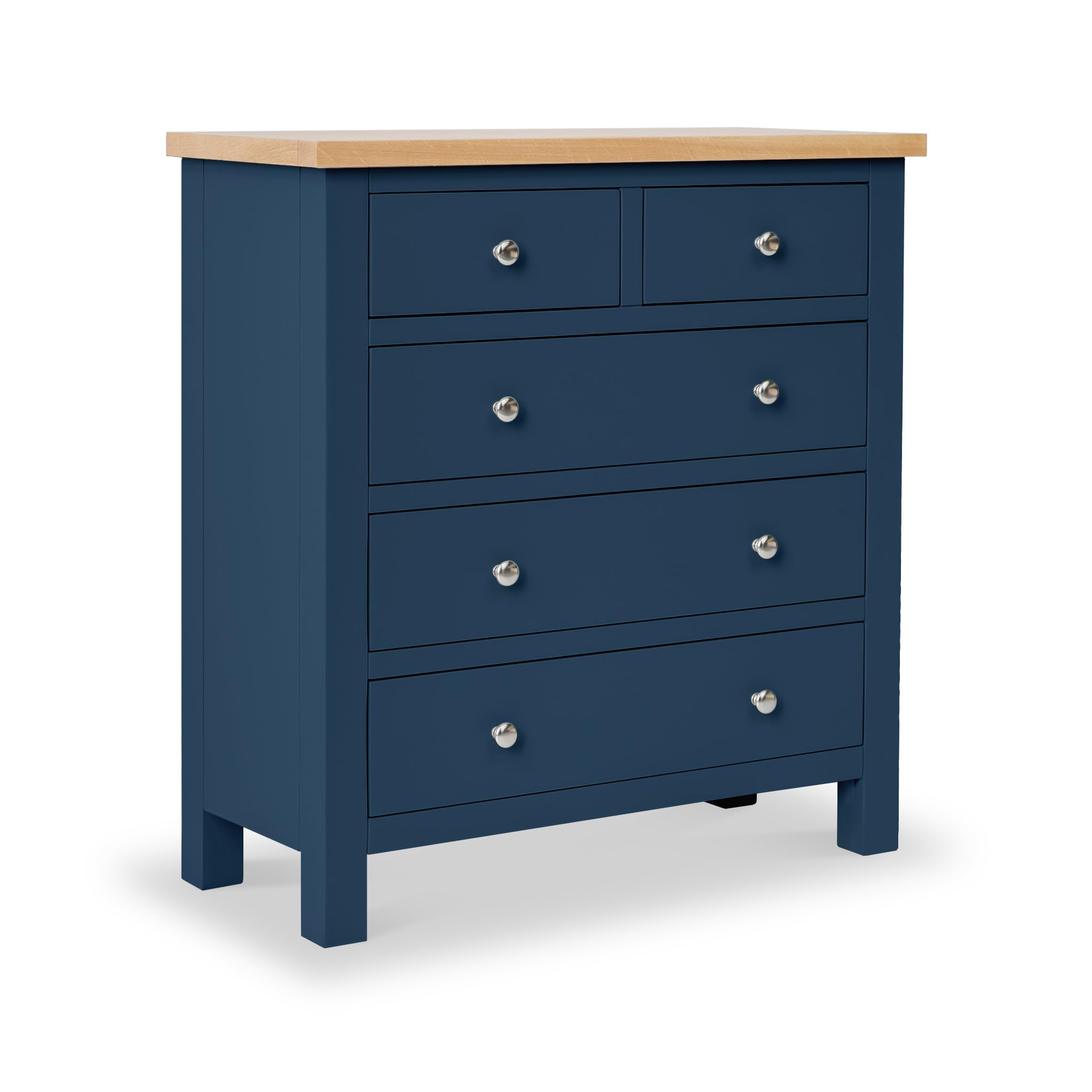 RoselandFurniture Farrow Navy Blue Chest of Drawers for Bedroom Tall Contemporary 2 Over 3 Solid Wood Painted Storage Chest with Oak Top | Fully Assembled