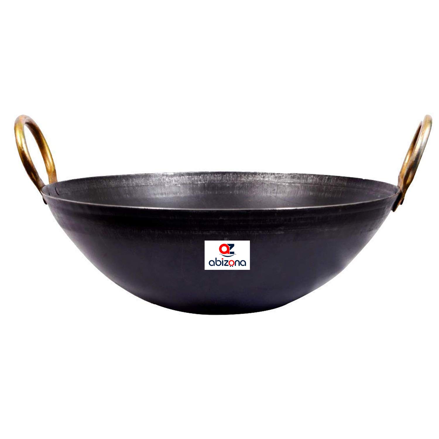 Abizona Traditional Iron Deep Bottom Kadhai, Kadai/Fry Pan/Frying Kadhai Handmade Loha Lokhand with Golden Handle for Kitchen, 10Inch-26Cm