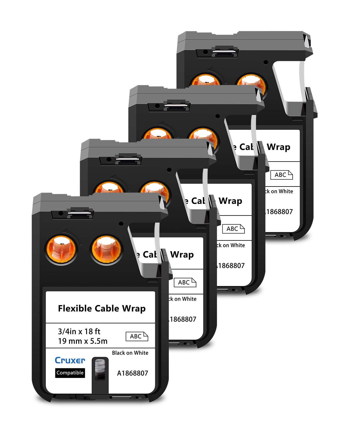 Cruxer Lot de 4 rubans d'étiquettes de rechange 1868807 A1868807 Noir sur blanc 19 mm x 5,5 m Étiquette autocollante en nylon flexible compatible avec les étiqueteuses DYMO XTL-300 et XTL-500