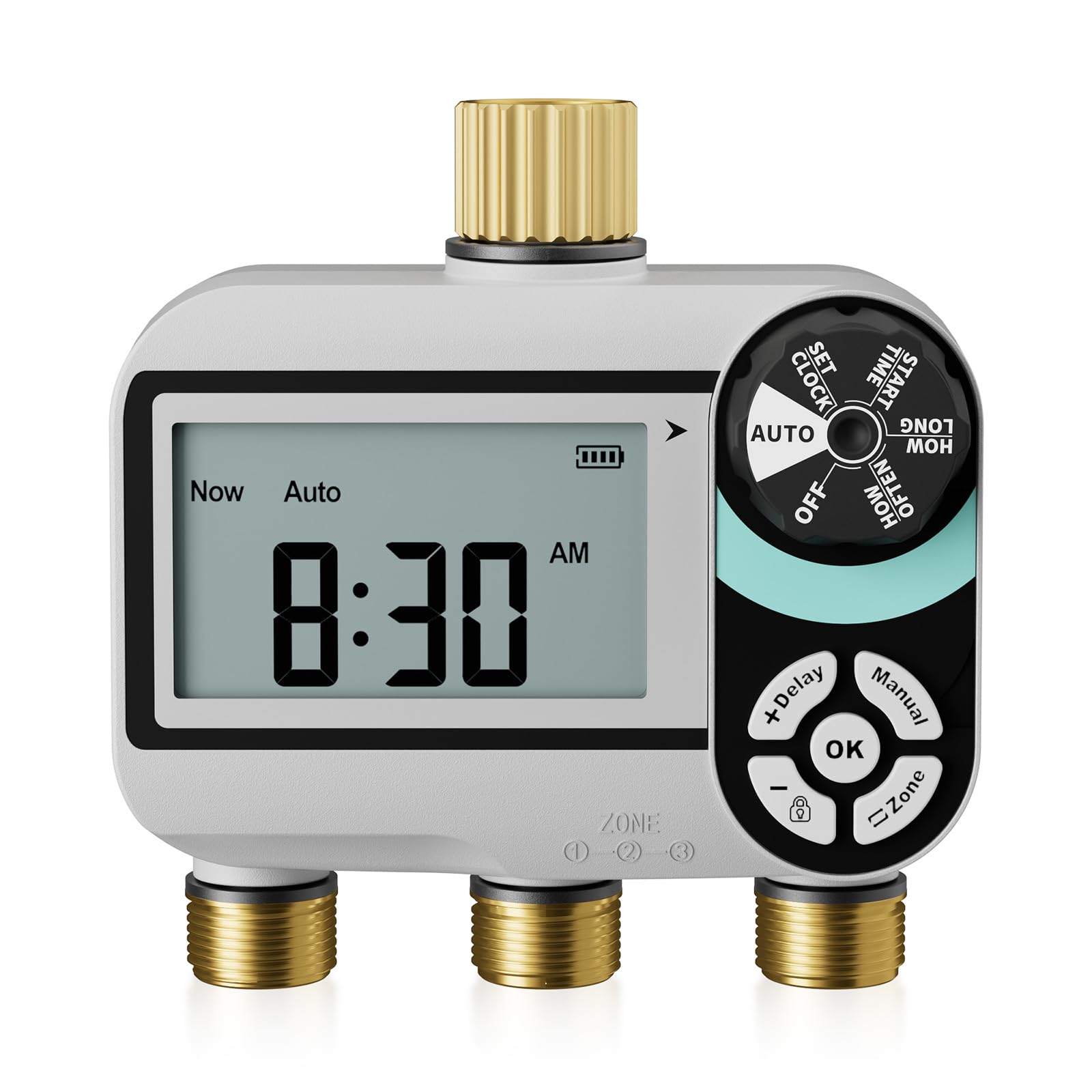Photo 1 of QUOBAS Brass Sprinkler Timer for Garden Hose, Programmable Water Timer for Hose Faucet with Child Lock, Rain Delay/Auto/Manual 3 Modes, Large Waterproof Screen, 3 Zone Independent Watering
