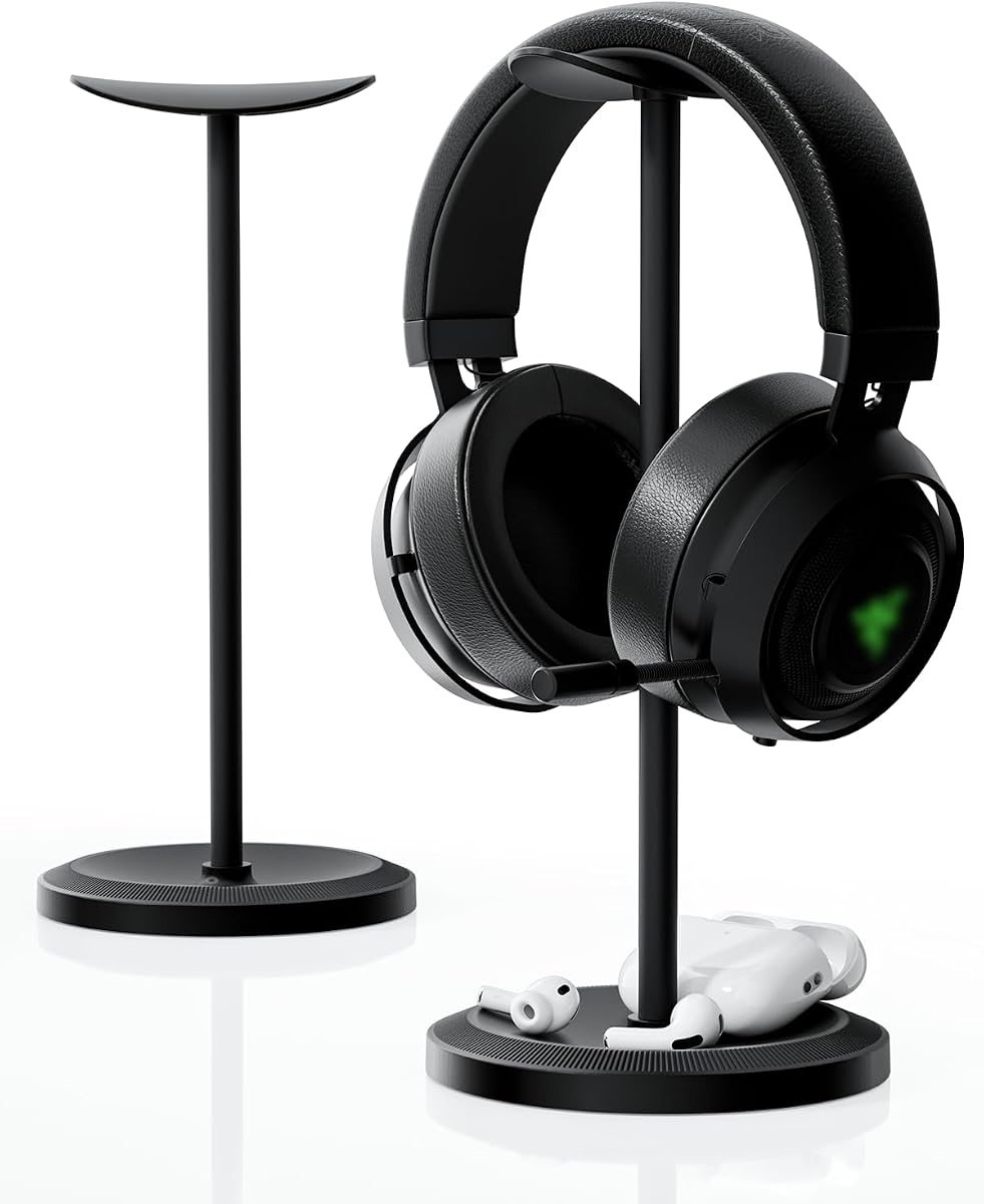 Soporte para auriculares, soporte para auriculares de escritorio, negro | Soporte para auriculares, colgador de auriculares para juegos, base pesada para reposacabezas agrandado, accesorios de escritorio de oficina para todos los tamaños de auriculares