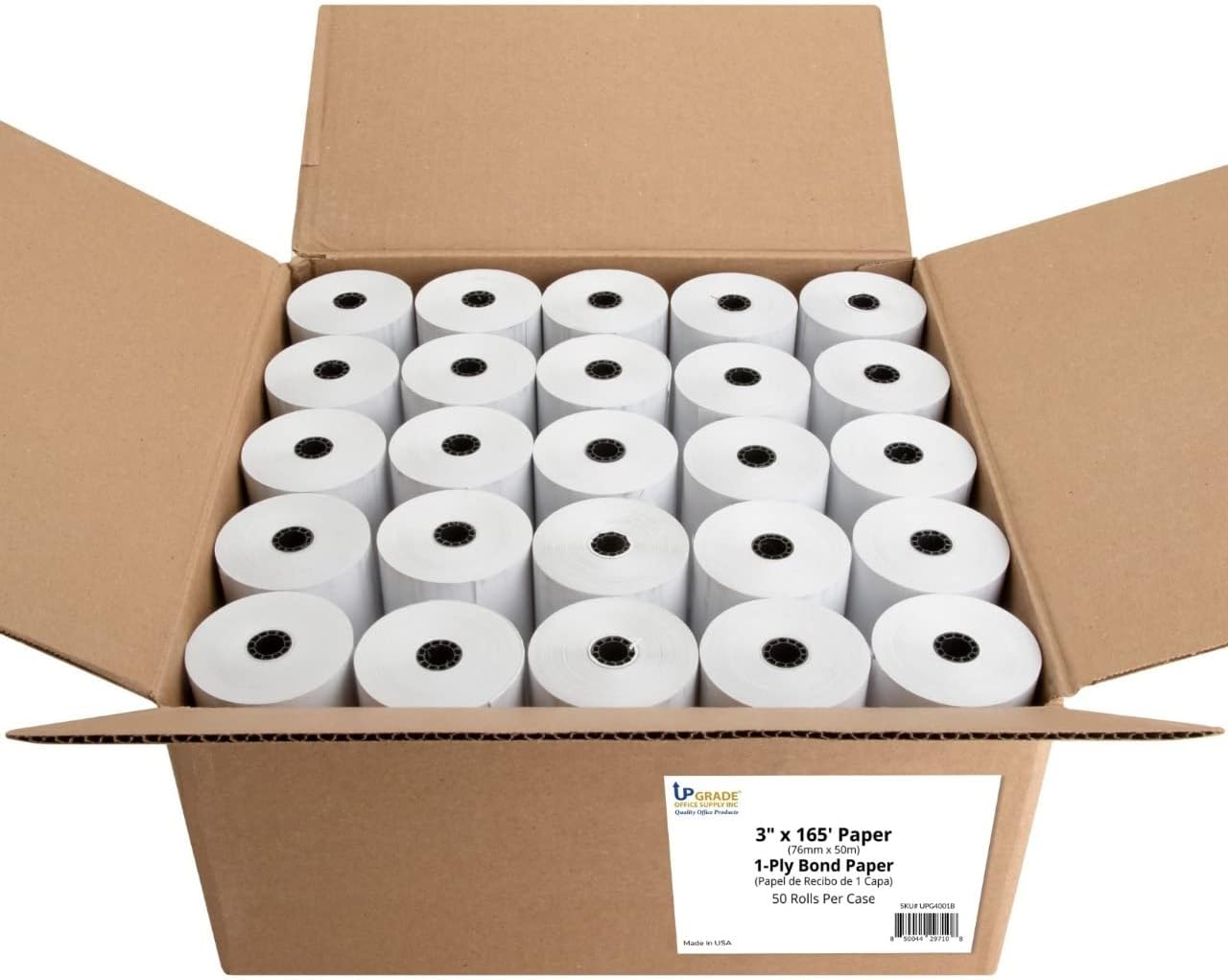 UPG4001B 3” x 150’ 1-Ply White Bond Receipt Paper, 50 Rolls, USA