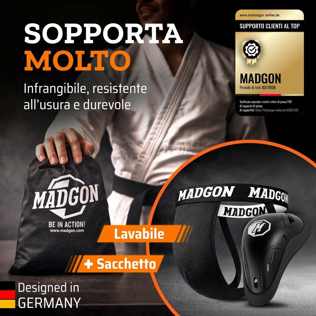 MADGON Jockstrap Uomo vestibilità Perfetta – Sospensorio Uomo Ampia libertà di Movimento – Conchiglia Muay Thai Massima comodità – Vita Elasticizzata con Sacca Inclusa