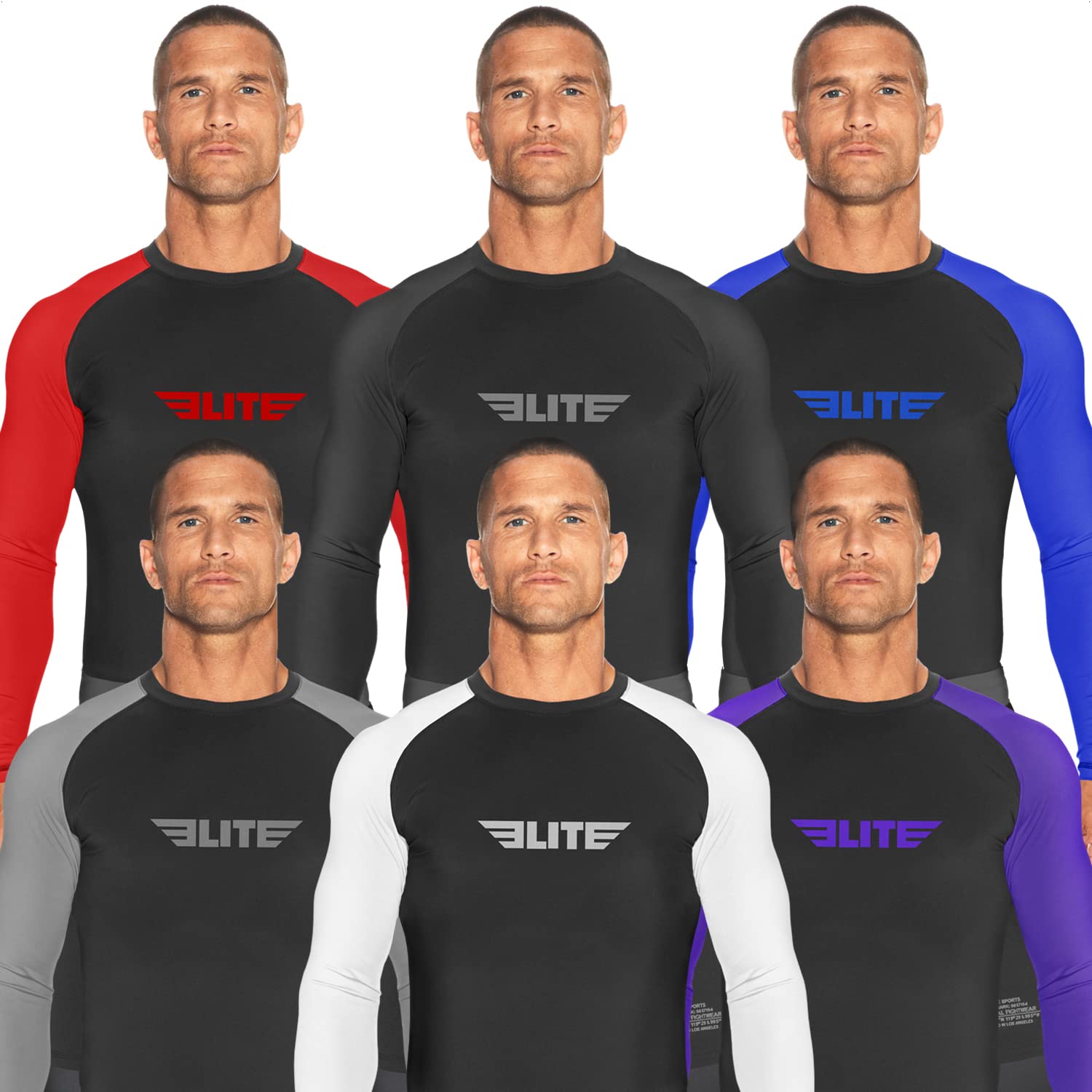 Elite Sports Men's Jiu Jitsu BJJ Rash Guard, Long Full Sleeve Compression Shirt for Sports Nogi Training