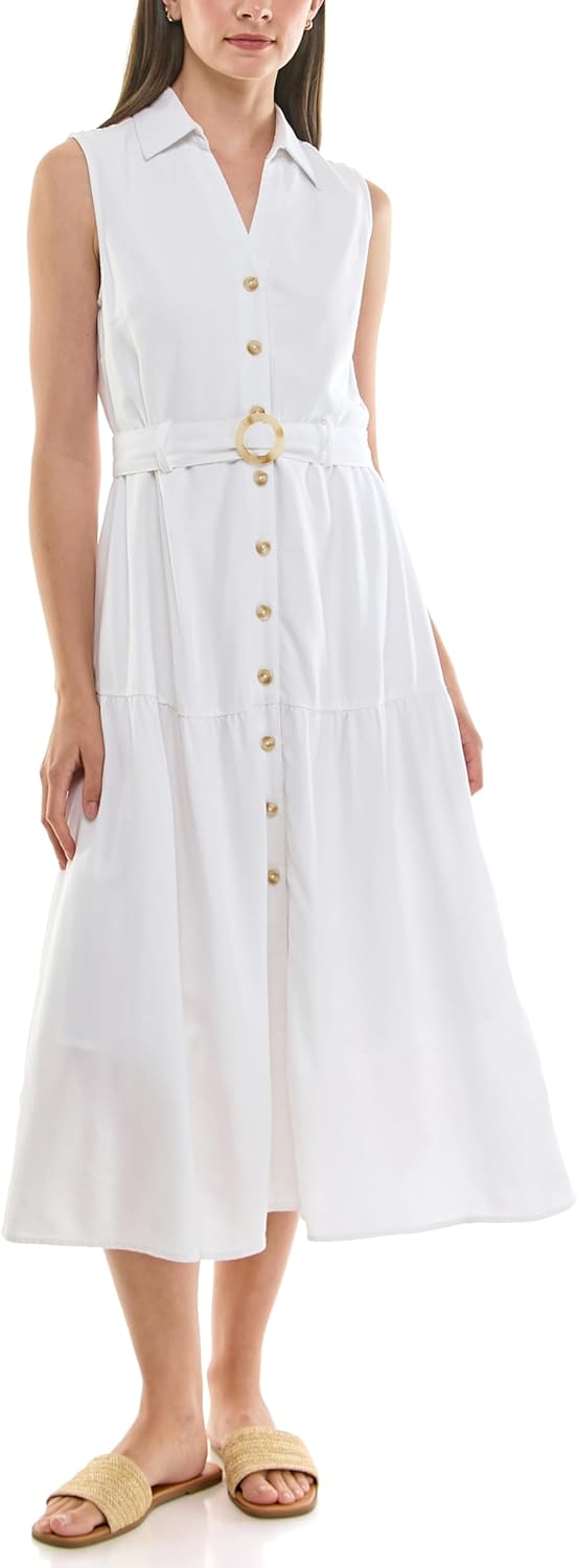 Nicole Miller Womens Sleeveless Shirt Collar Belted Tiered Shirt Dress