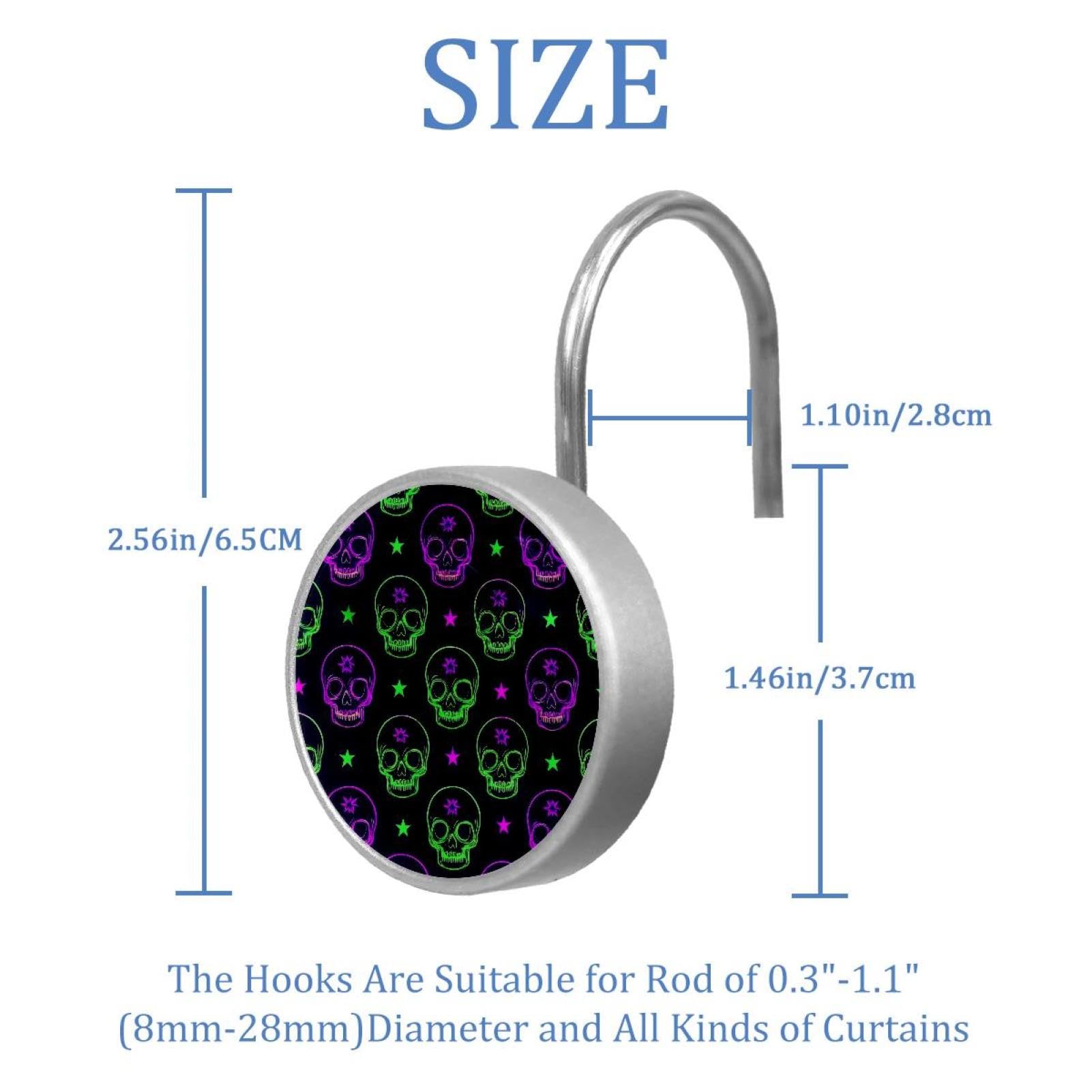12pcs Glass Shower Curtain Hooks, Rust Resistant Decorative Shower Rings for Bathroom Living Room,Stainless Steel Hooks for Shower Curtain and Liner Rods (Purple Green Neon Skulls)