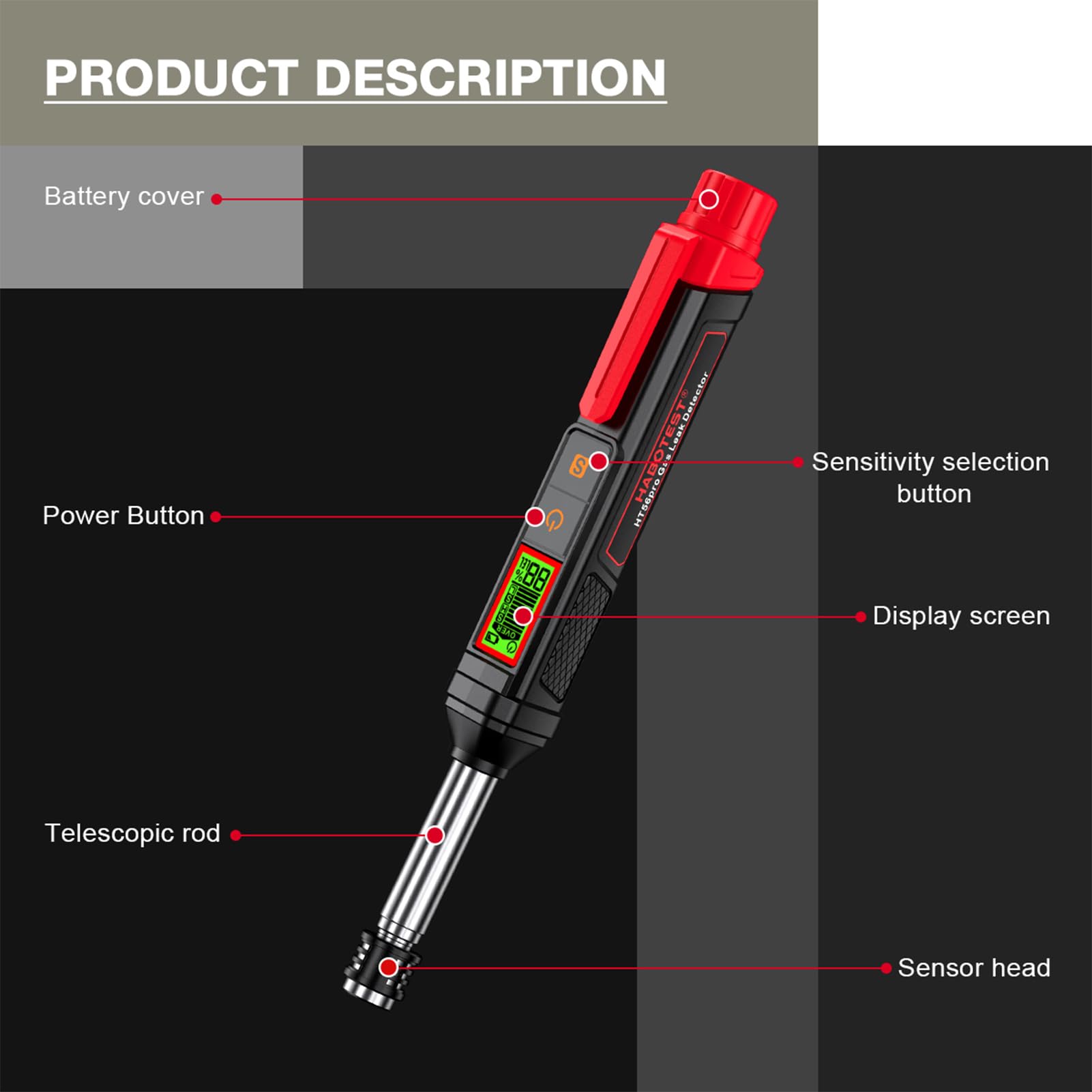 Irfora HT56 Pro Dehnbarer Gasleckdetektor in Stiftform mit akustischen und visuellen Alarmen. Hochempfindlicher Schnüffel-Erdgasdetektor zum Auffinden brennbarer Quellen wie Methan, Aceton,