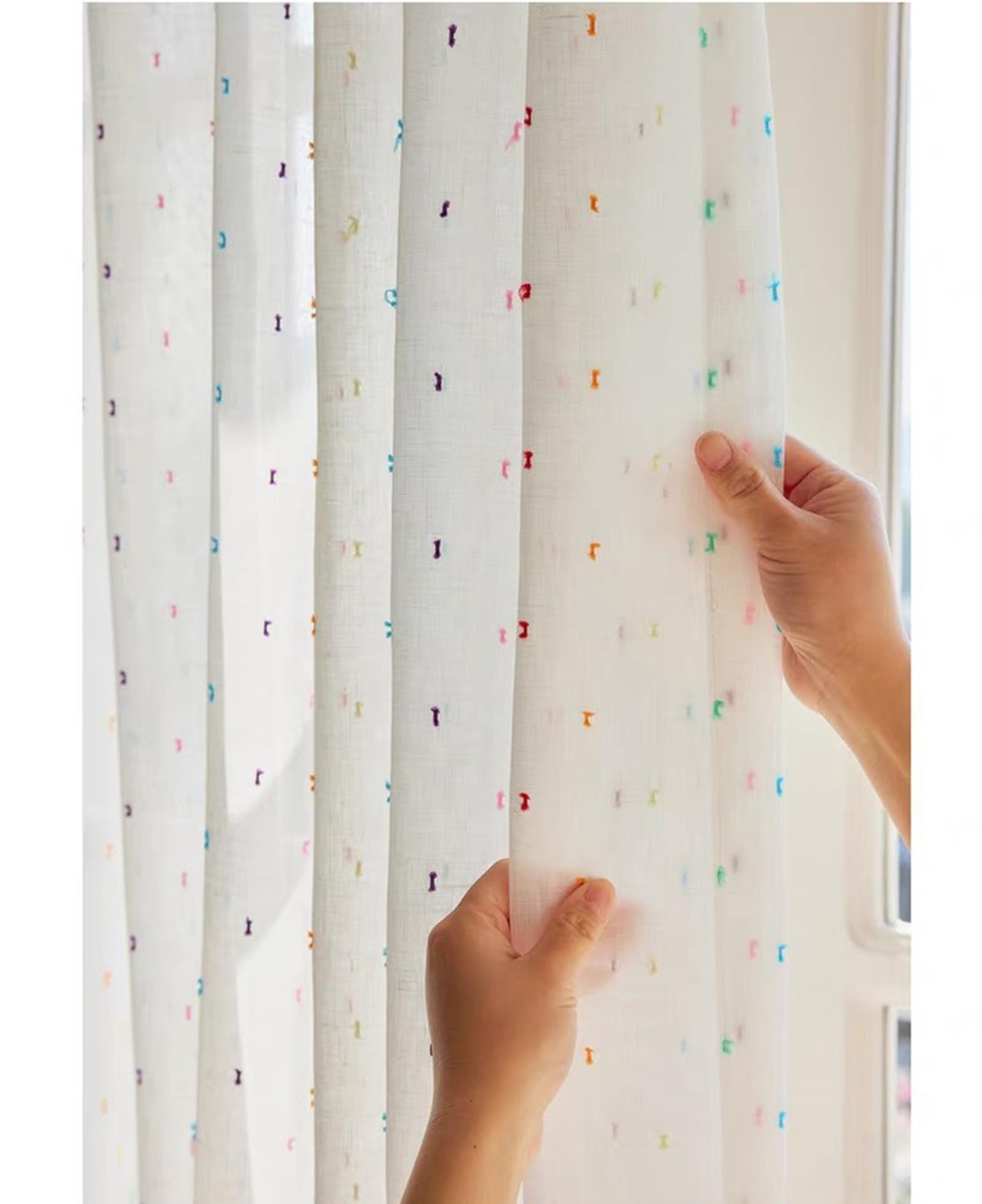 Vorhänge Halbtransparent mit Haken, Vorhang für Fenster Innen 2er Set Leinen Weiß Leinen mit Bunter Stickerei, 107x115cm