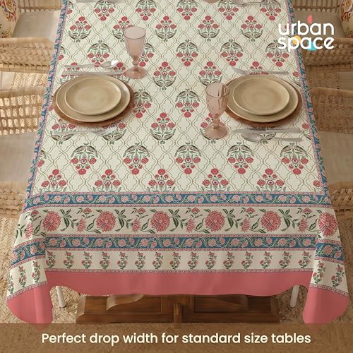 Image of Urban Space 100% Cotton Dining Table Cover 6 Seater, Jaipuri Handblock Cotton Table Cloth for Center Table, Dining Room Table Cover (Size 48 inch x 92 inch - 6 Seater, Amberjaal Pink)