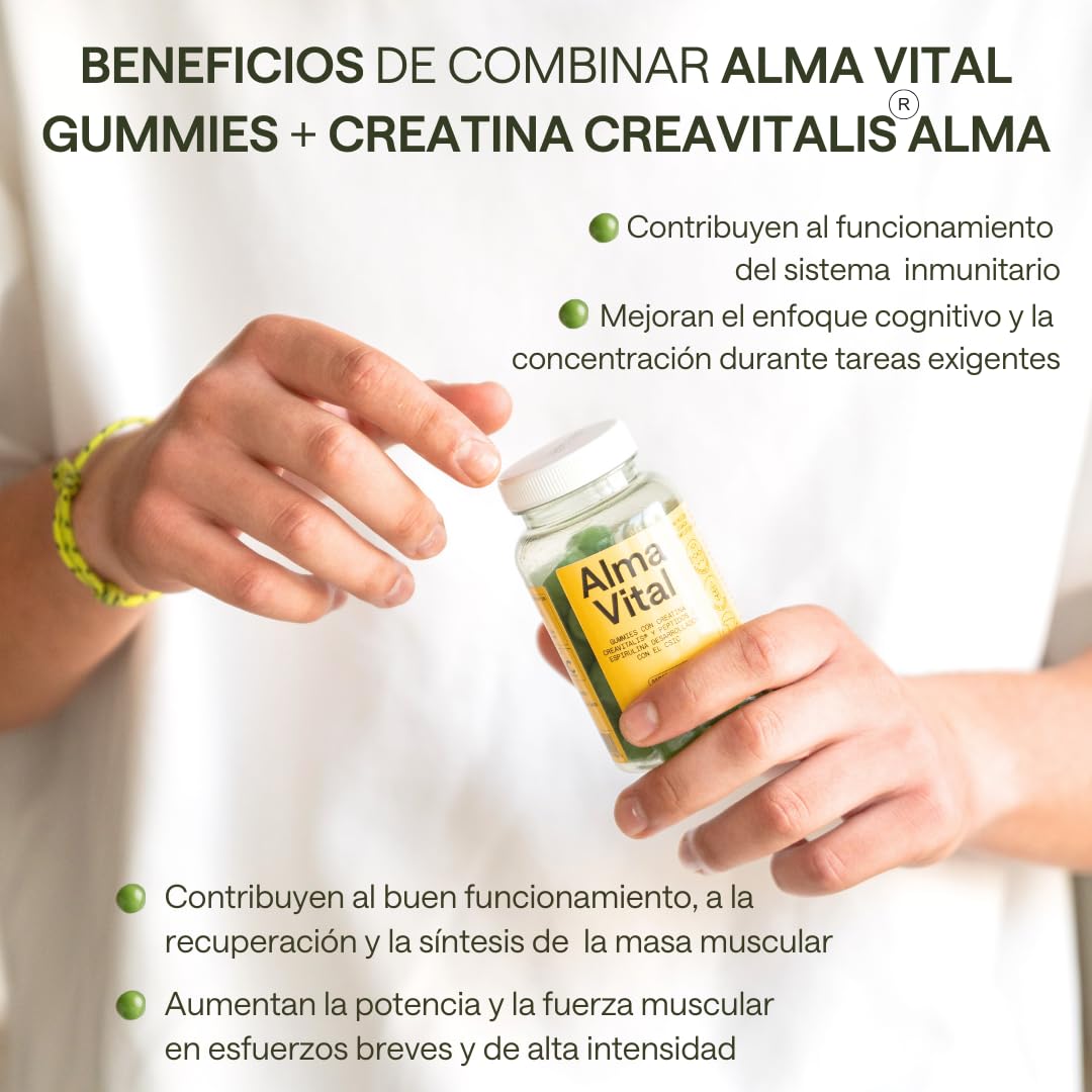 Creatina Monohidratada Creavitalis® ALMA® 300 g y 120 Gominolas de Creatina Creavitalis, Vitamina D3 y Espirulina Hidrolizada sabor limón | Versión Premium Creapure® Monohidrato en Polvo 99,9% Pureza
