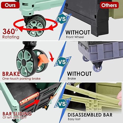 Miniatura 6 de SELORSS Carrito plegable portátil plegable con ruedas, cesta de mano rodante, carrito para profesores con tapa, resistente al desgaste, rueda