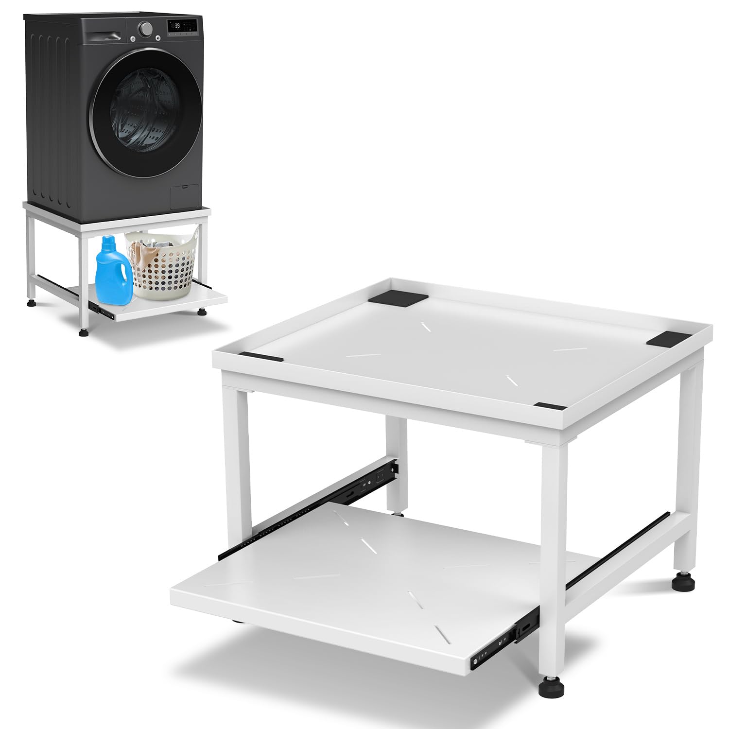 Soporte para lavadoras, color blanco, estantes extraíbles | Lavadora Pedestal Ajustable Antideslizante Secadora Congelador Frigorífico Blanco