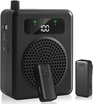 Voice Amplifier with Wireless Lavalier Microphones, Portable Voice Amplifier for Teachers, Speaker with 2 clip Microphones, PA System for Training, Meetings and Outdoors Black