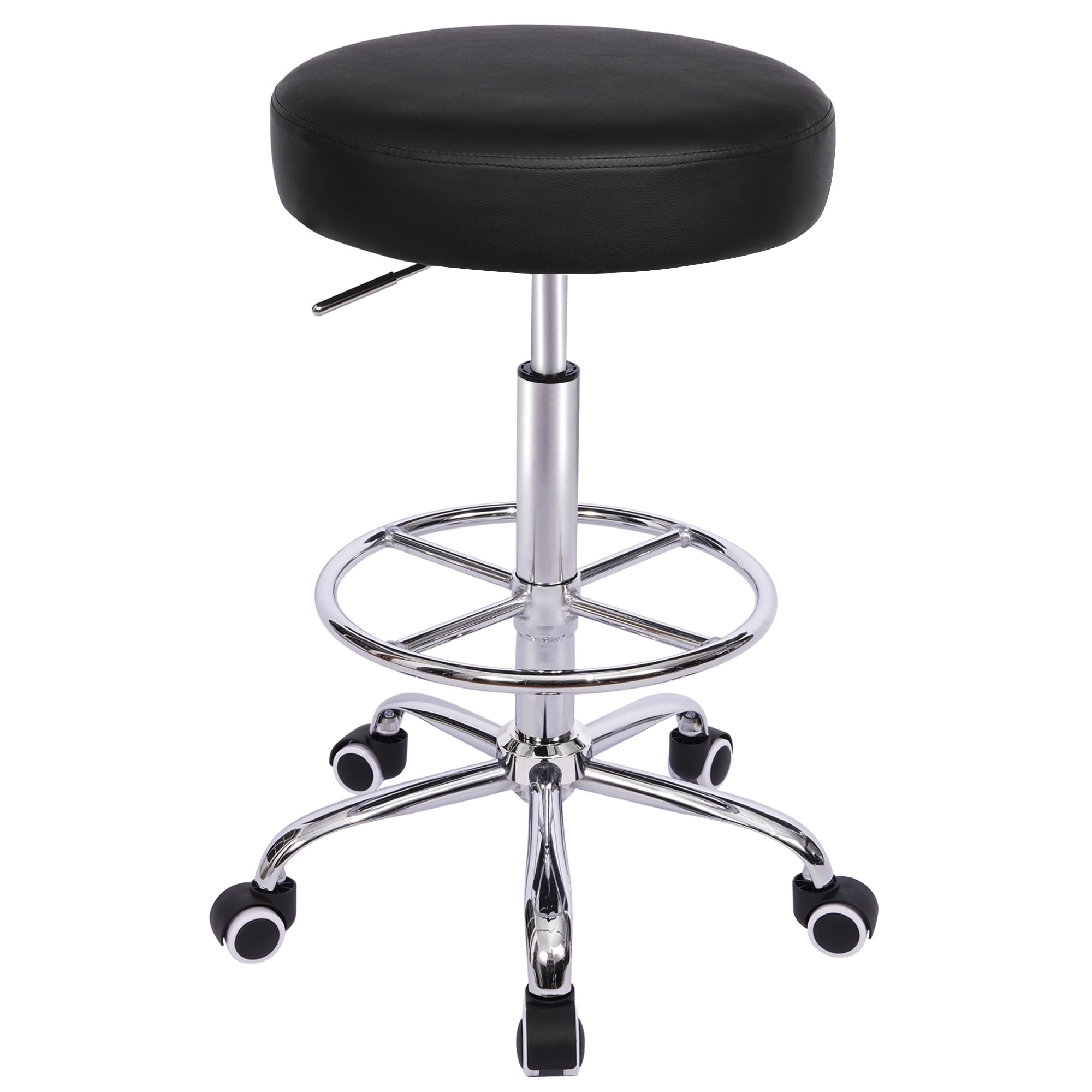VECELO Round Rolling Stool with Footrest and Wheels, Easy Assembly PU Leather Height Adjustable Drafting Swivel Chair for Spa Salon, Office, Medical, Beauty, Bar, Lab