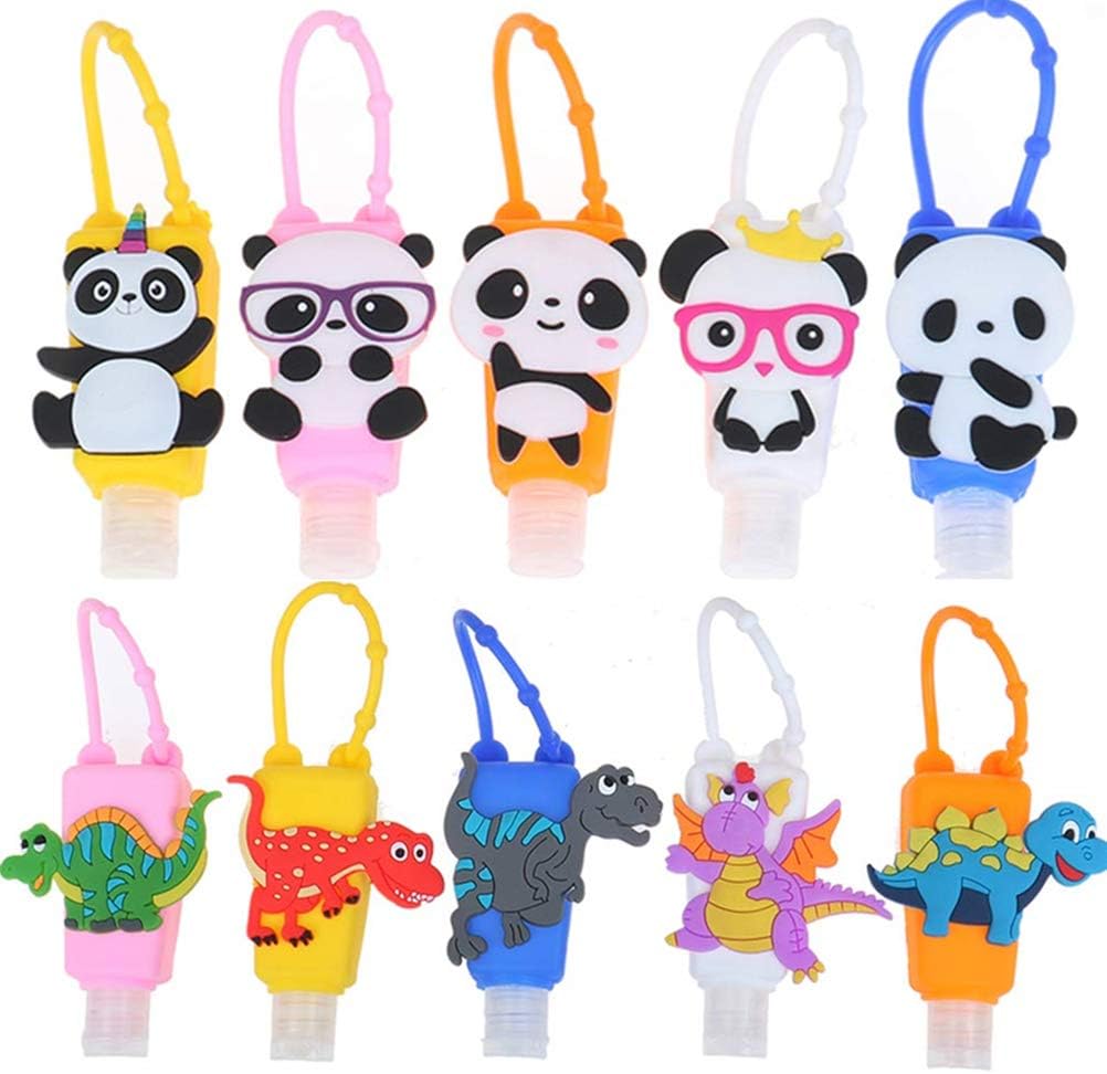 SUSHAFEN 10Pcs Hand Sanitizer Bottle Holder with Dinosaur Panda Silicone Protective Case Mini 30ml Detachable Kids Travel Portable Plastic Leak Proof Bottles Keychain Carriers-Random Patterns