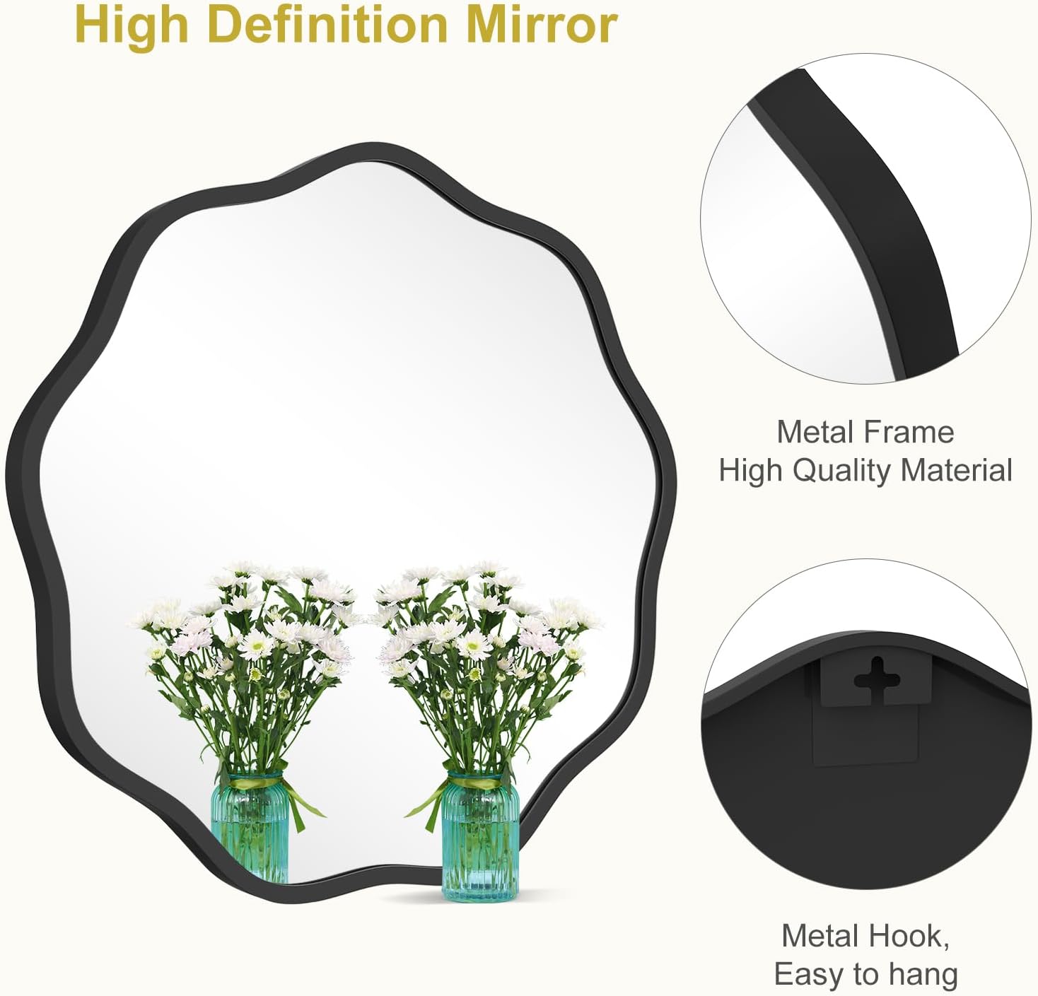 WallBeyond Round Wavy Mirror for Wall Decorative 20 inch, Modern Round Mirror Aluminum Frame for Bathroom Bedroom Living Room Home House Office Entryway, Black - Image 5