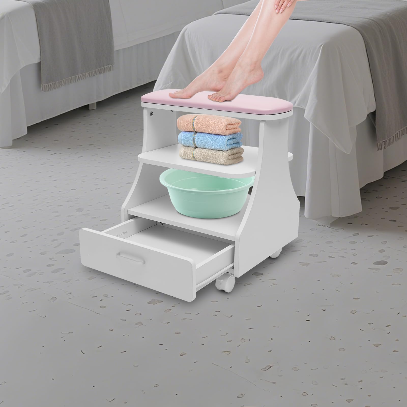 Wózek do manicure, pedicure, różowy, z płyty MDF, z 3-stopniową przestrzenią do przechowywania i kółkami, do salonu paznokci i pielęgnacji stóp