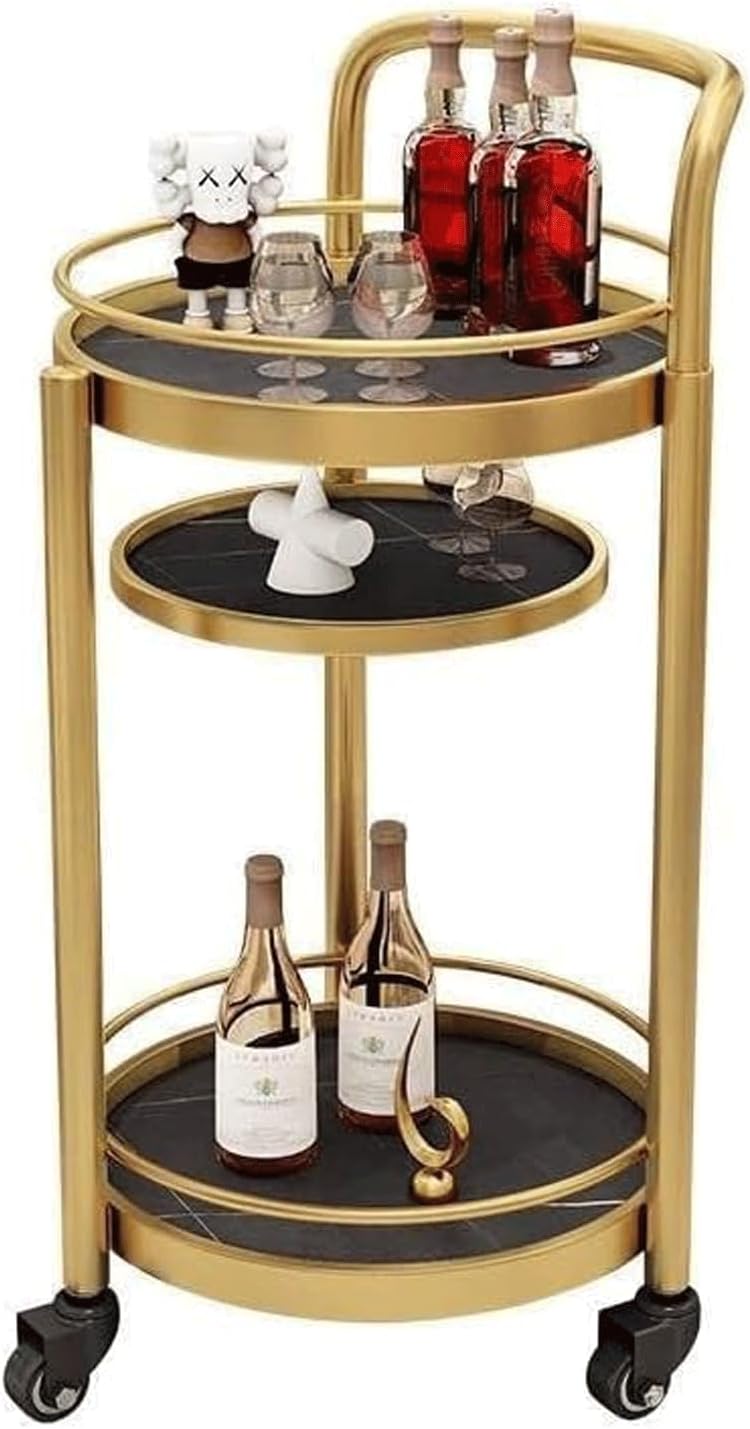 POCHY Serving Cart 3 Tier Round Utility Carts Metal Frame Bar Carts Slate Rolling Cart with Wheels Drink Cart Mobile Storage Cart