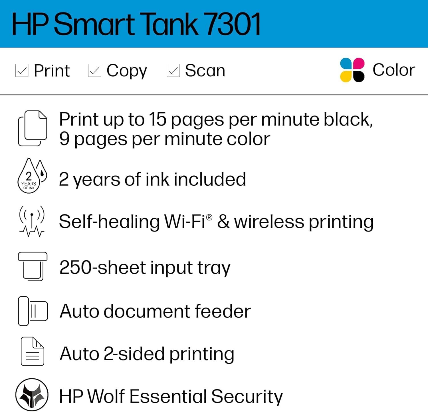 Smart Tank Impresora multifunción 7305, Impresión, escaneado, copia, AAD y Wi-Fi, AAD de 35 hojas Escanear a PDF Impresión a d