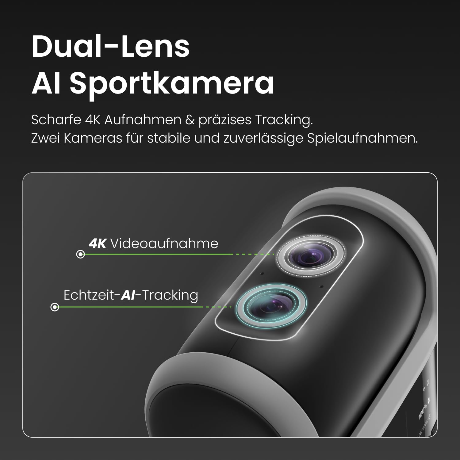 XbotGo Falcon 4K AI Sport Kamera mit Auto Tracking – Fußball & Basketball für Teams, Action Cam mit Livestreaming ohne ABO, Dual-Kamera, bis zu 4,5 Std. Aufnahme, Stabilisierung(Edge Green)