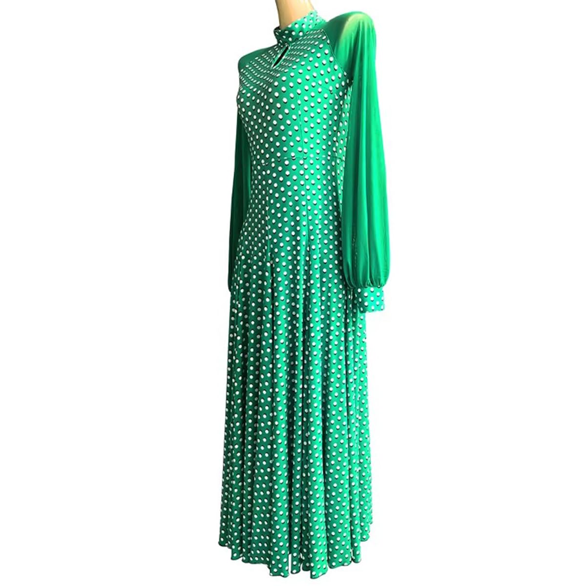 Damen Grüne Tupfen Standard Ballroom Kleid– Modernes Langärmlige Walzer Tango Tanzkleider Flamenco Wettkampf und Aufführungskleid Lyrisch Tanzkleid Gesellschaftstanzkleid