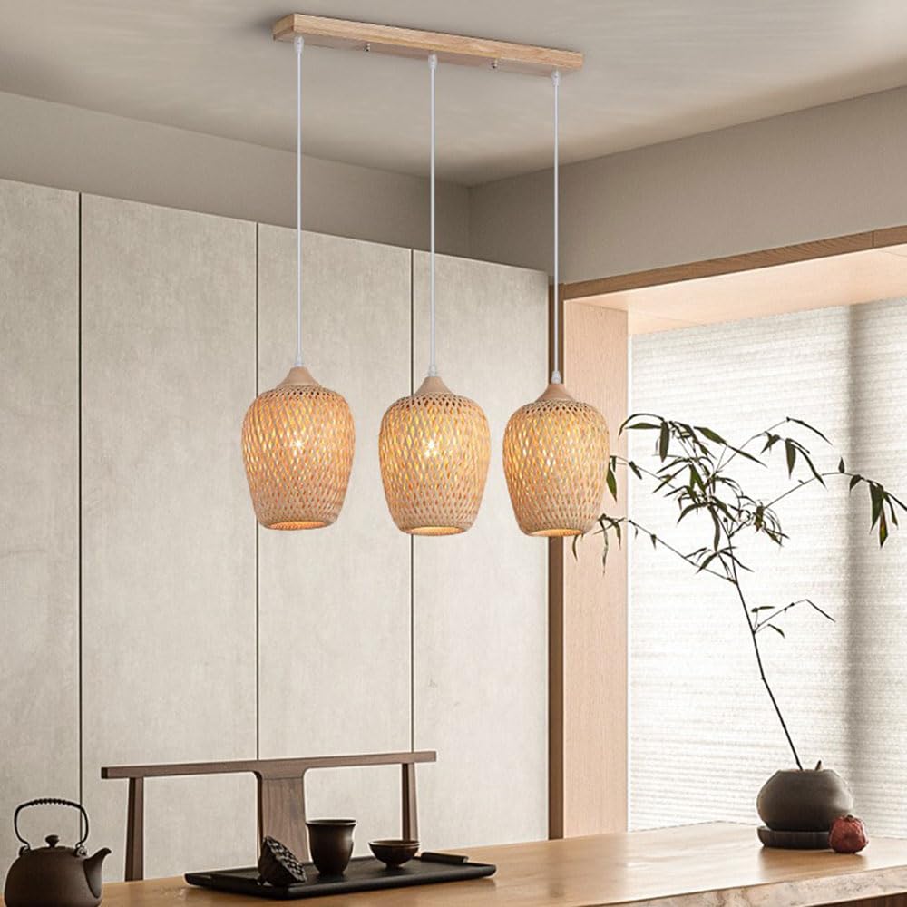 Lampada a Sospensione in bambù 3 luci Lampada da soffitto in Vimini Rustico con Paralume Lampadario Bohémien Intrecciato a Mano retrò Adatto per lampadario in bambù Camera da Letto Camera da Letto