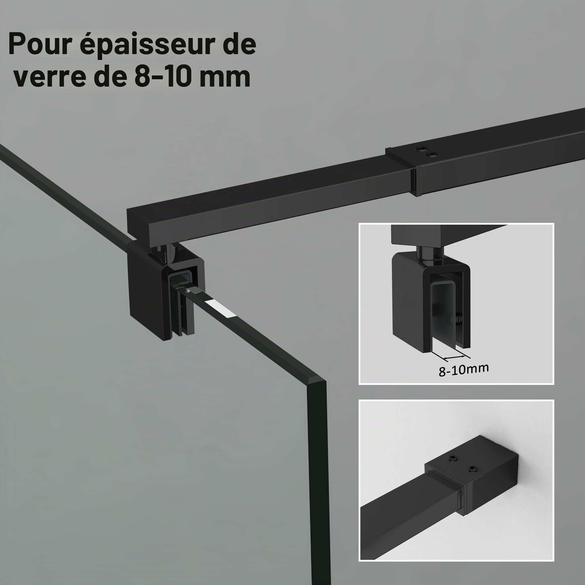 Barre de stabilisation télescopique réglable 73 à 123 cm, utilisée pour paroi de douche en verre, barre de stabilisation accessible épaisseur de verre 8 mm à 10 mm, barre de support carrée noire