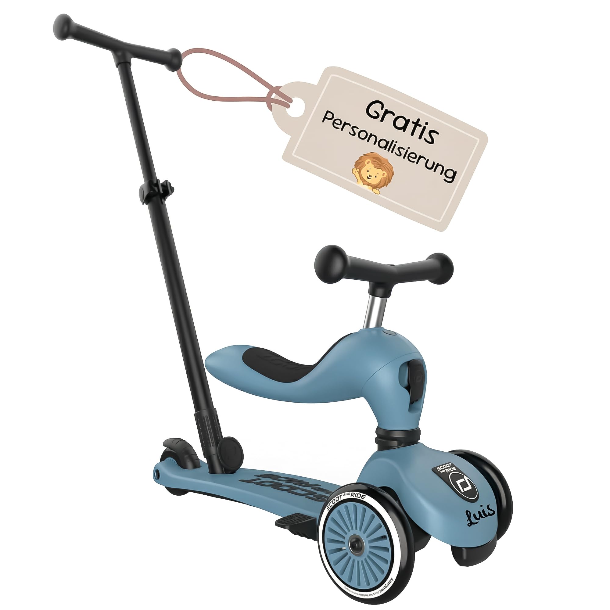 Scoot and Ride Highwaykick 1 Push & Go Steel personalisierbar – 2-in-1 mit Sitz & Schiebestange – höhenverstellbar – für Kinder 1–5 Jahre – mit Namen personalisiert